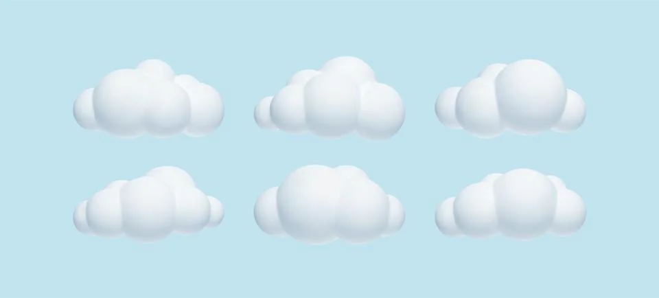 Set of 3d realistic simple clouds isolated on blue background. Vector Illustrazione stock