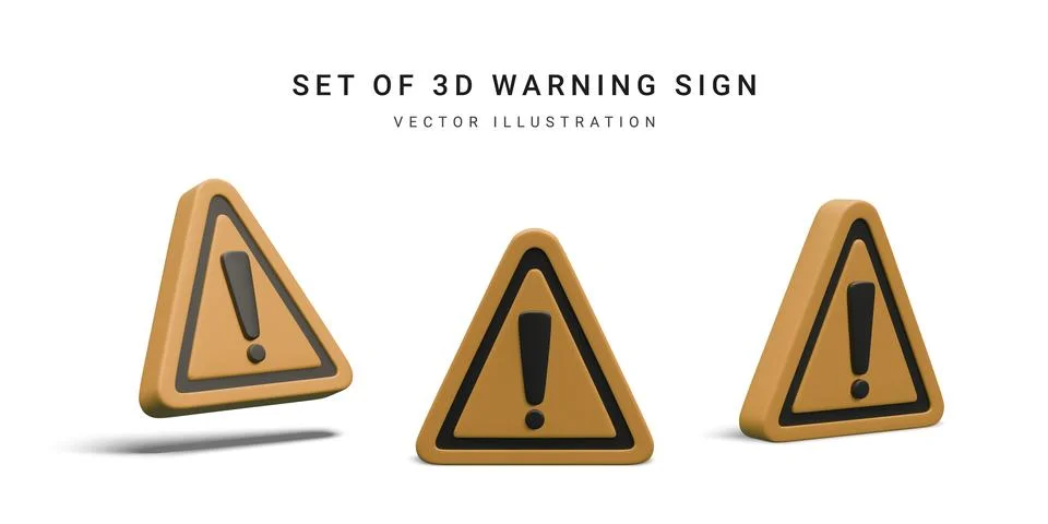 Set of 3d realistic triangle warning sign with exclamation mark isolated on w Stock-Illustration