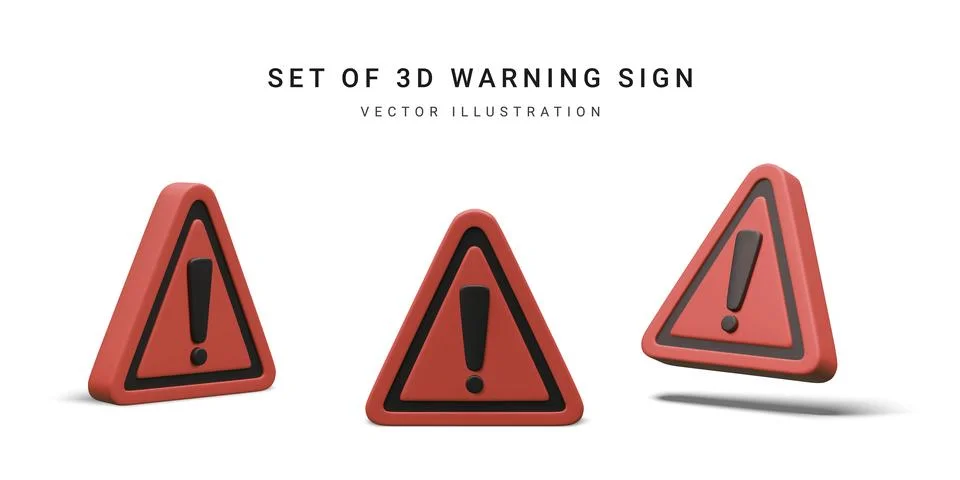 Set of 3d realistic triangle warning sign with exclamation mark isolated on w Illustrazione stock