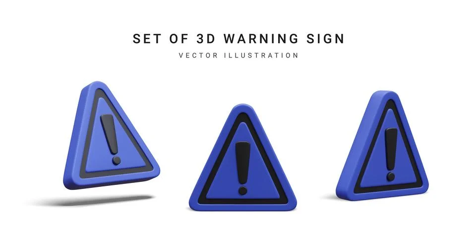 Set of 3d realistic triangle warning sign with exclamation mark isolated on w Stock Illustration