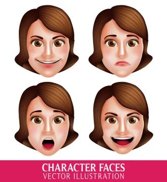 Set of 3D Realistic Vector Face of Woman Head Character Stock Illustration