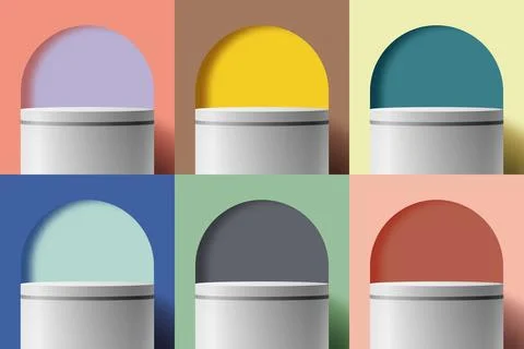 Set of 3D realistic white podium stand pedestal with geometric rounded frame Stock-Illustration