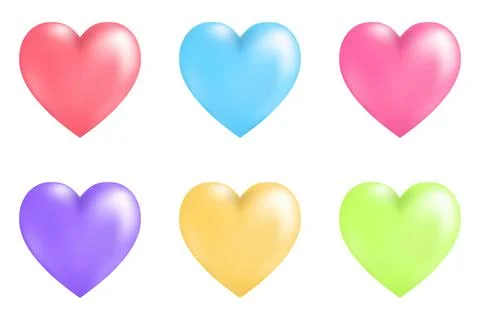 Set of 3D red, blue, pink, purple, yellow, green heart isolated on white ba.. Illustrazione stock