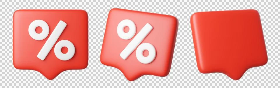 Set of 3D red chat bubble icon with a white percent symbol Stock Illustration