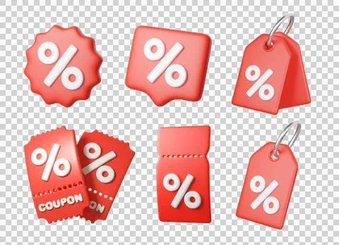 Set of 3D red discount tags and coupons with percent symbols Illustrazione stock
