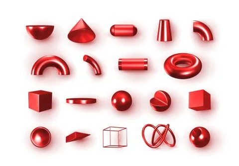Set of 3d red Geometric Shapes Objects. Realistic geometry elements isolated on 스톡 일러스트