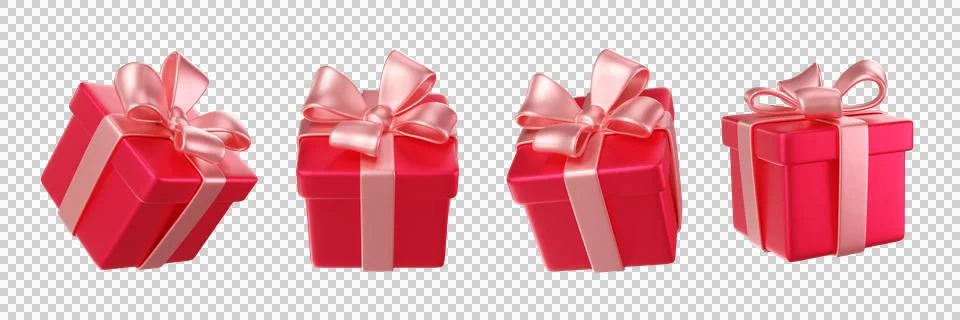 Set of 3d red Gift boxes wrapped with pink ribbons and bows Stock Illustration