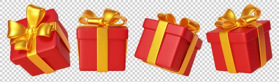 Set of 3d red gift boxes tied with bright gold satin ribbons Stock Illustration