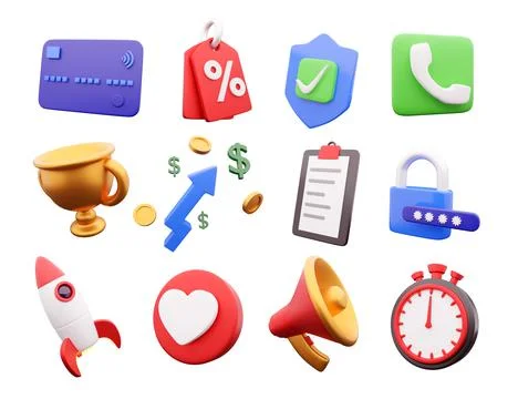 Set of 3d render icon higt resulation on white background. 3d render icon set. Stock Illustration