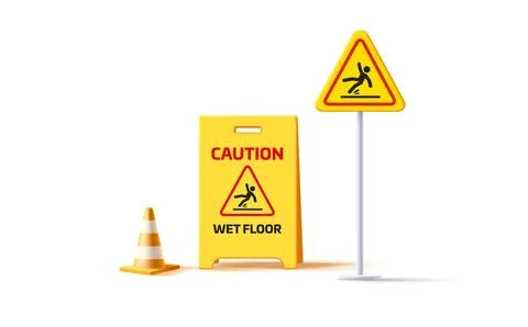 Set of 3d render illustration of yellow plastic wet floor sign, slippery surf Stock Illustration