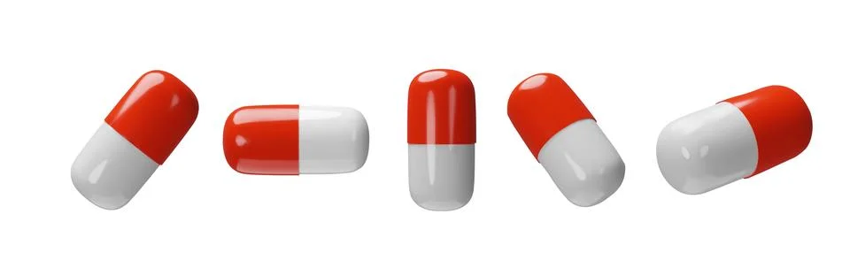 Set 3D render long red pills Stock Illustration