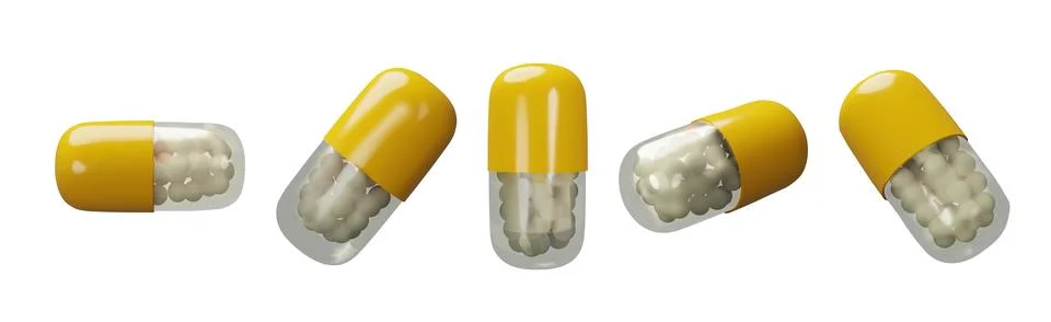 Set 3D render long yellow pills Stock Illustration