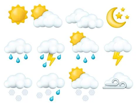 Set of 3d render meteorology icons. Weather conditions and various forecast i Stock Illustration