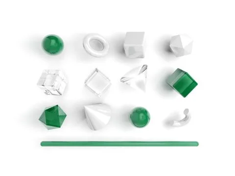 Set of 3d render realistic primitives on white background. Green and white Stock Illustration