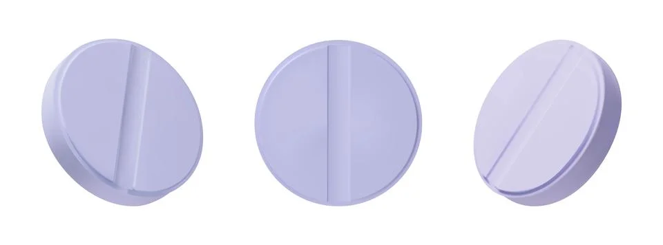 Set 3D render round purple pills Stock Illustration