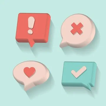 Set of 3d render speech bubbles. Cancellation icon, confirmed sign, like Stock Illustration