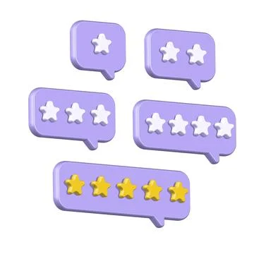 Set of 3d render style Speech bubbles with rating stars. Plastic icons of rank Illustrazione stock