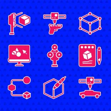 Set 3D scanner, 3d pen tool, printer car, Sketch on paper, Isometric cube Ilustração Stock