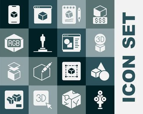 Set 3D scanner, Basic geometric shapes, Isometric cube, Sketch on paper, printer Illustrazione stock