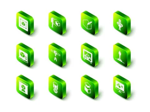 Set 3D scanner with cube, 3d pen tool, printer model, software, Layers and icon Ilustração Stock