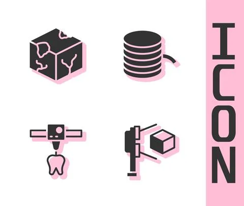 Set 3D scanner with cube, Isometric, printer tooth and Filament for icon. Vector Illustrazione stock