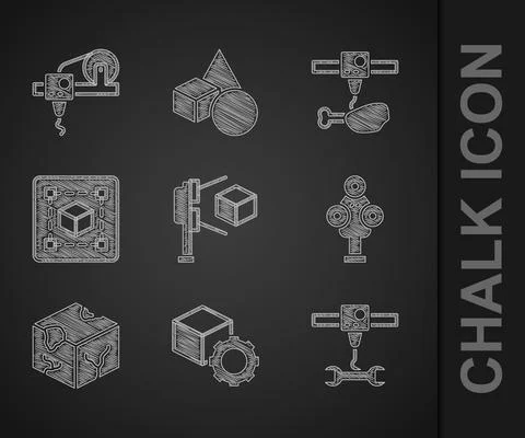 Set 3D scanner with cube, Isometric, printer wrench spanner, Geometric figure Stock Illustration