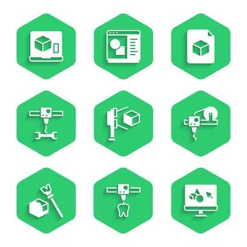Set 3D scanner with cube, printer tooth, software, Isometric, wrench spanner, Ilustração Stock