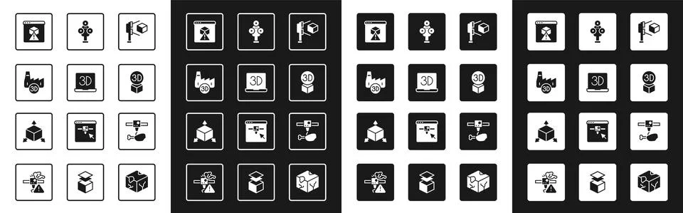 Set 3D scanner with cube, printer, Printing house industry, Isometric, chicken Stock Illustration