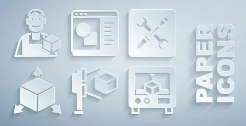 Set 3D scanner with cube, printer setting, Isometric, software and Graphic Ilustração Stock