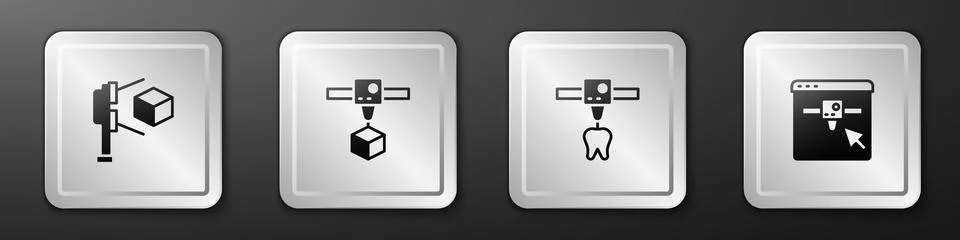 Set 3D scanner with cube, printer, tooth and setting icon. Silver square button Stock Illustration