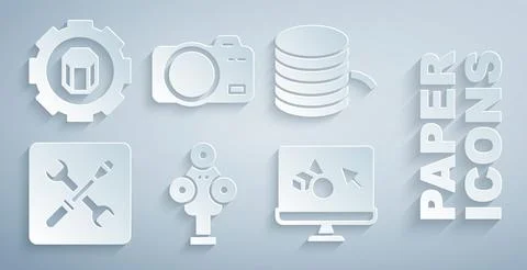Set 3D scanner, Filament for printer, setting, software, Photo camera and icon Ilustração Stock