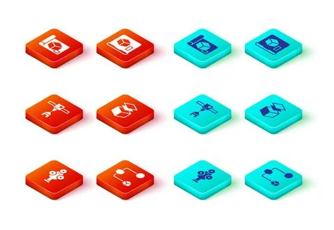 Set 3D scanner, Isometric cube, printer house, Layers, and Graphing paper for Stock Illustration