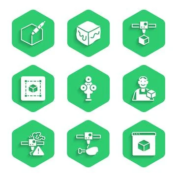 Set 3D scanner, printer chicken leg, Graphic designer, warning, Geometric figure Stock Illustration