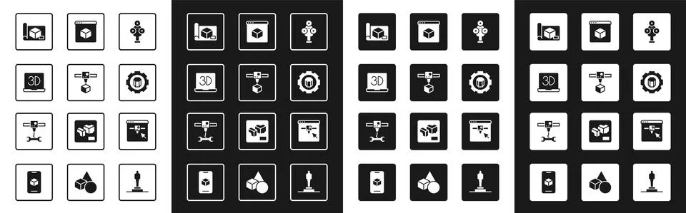 Set 3D scanner, printer cube, Graphing paper for engineering, setting, and Stock Illustration
