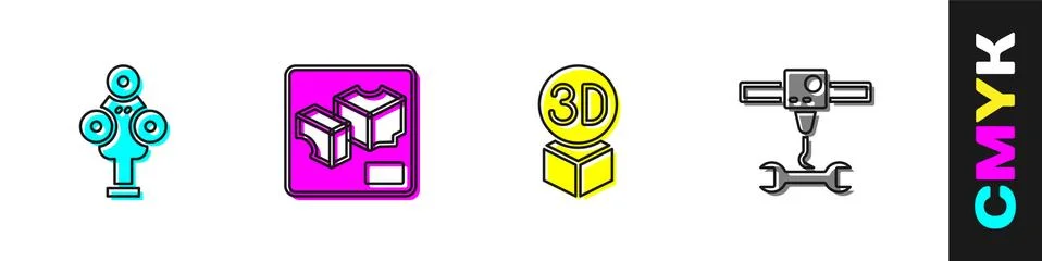 Set 3D scanner, printer, Isometric cube and wrench spanner icon. Vector Stock Illustration
