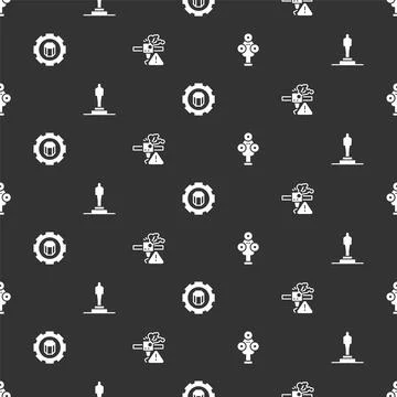 Set 3D scanner, printer model, setting and warning on seamless pattern. Vector Ilustración de archivo