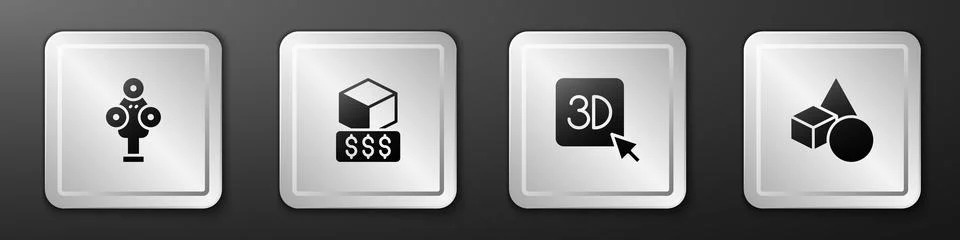 Set 3D scanner, printer services, and Basic geometric shapes icon. Silver s.. Illustrazione stock