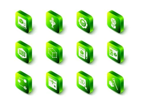 Set 3D scanner, printer setting, Isometric cube, Sketch on paper, and icon Stock Illustration