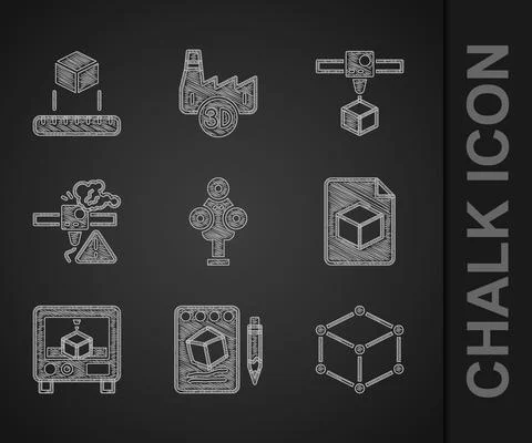 Set 3D scanner, Sketch on paper, Isometric cube, file, printer, warning, and Stock-Illustration
