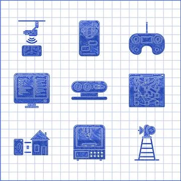 Set 3d scanning system, 3D printer, Antenna, Global technology or social ne.. 스톡 일러스트