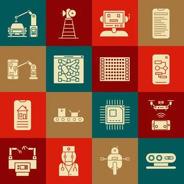 Set 3d scanning system, Remote aerial drone, Algorithm, Robot, Global technology Stock Illustration