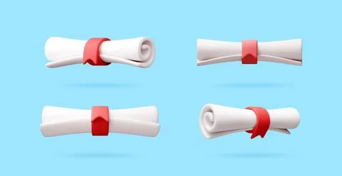 Set of 3d scroll icons with red ribbon. Illustrazione stock