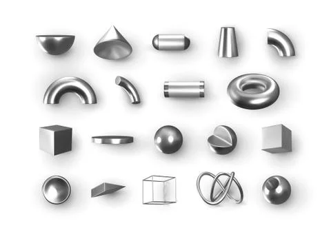 Set of 3d Silver Geometric Shapes Objects. Realistic geometry elements isolated Stock Illustration