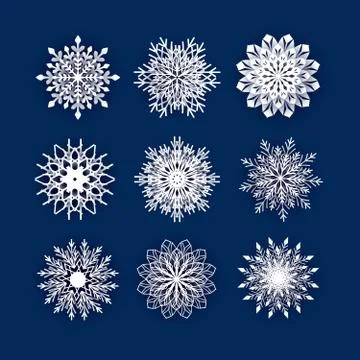 Set of 3d snowflake isolated icon, papercut Stock Illustration