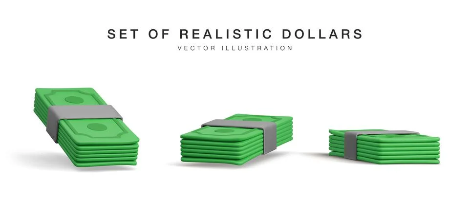 Set of 3D stack of dollar USA. Render green paper pack of money. Paper dollar Stock-Illustration