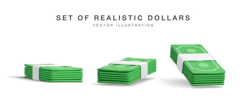 Set of 3D stack of dollar USA. Render green paper pack of money. Paper dollar Stock-Illustration