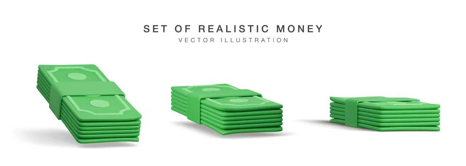 Set of 3D stack of dollar USA. Render green paper pack of money. Paper dollar Stock Illustration