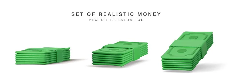 Set of 3D stack of dollar USA. Render green paper pack of money. Paper dollar Stock-Illustration