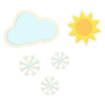 A set of 3D stickers in the form of a sun, clouds and snowflakes in trendy Stock Illustration