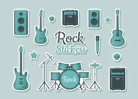 Set of 3d stickers with musical instruments for rock concert Stock Illustration